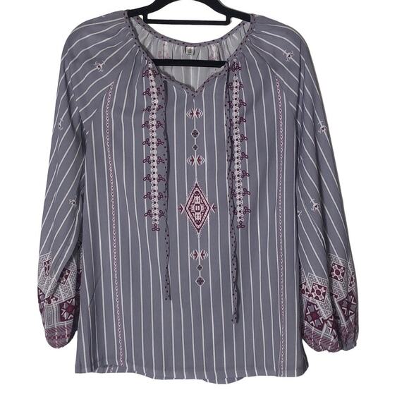 MISSLOOK Tops - 176. Misslook Casual Peasant Blouse Small Boho Gray Striped Purple Floral